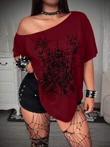 Whyspr Rave Coachella 蕾絲拼接印花修身 T-Shirt - 酒紅色 - 查看 1