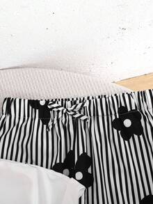 SHEIN 兒童/青少年女孩 2件套套裝 - 白色針織寬鬆版型 T恤配 3D蝴蝶結印花與寬腿長褲，適合春季/夏季，休閒穿搭、派對、度假、純淨女孩風、返校 - 白色 - 查看 7