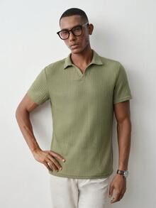 MENRIVO Men Casual Solid Waffle Knit Polo Shirt - Army Green - View 4