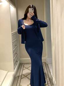 DAZY 2件組純色針織開襟外套與修身細肩帶洋裝套裝，女款居家休閒睡衣 - 藏蓝色 - 查看 5