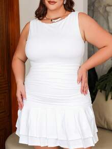Wellenrocha Plus Size Curve Women's Sleeveless Solid Color White Tight Fitted Ruched Mini Double Layer Ruched Dress, Suitable For Summer, Autumn/Winter, Summer Dress For Women, For Pear And Triangle Body Shape - Beige - View 5