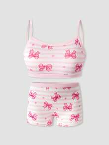 SHEIN 2 Random Sets Bow Print Comfortable Combination Girls Toddler Young Girl Camisole & Shorts - Multicolor - View 4
