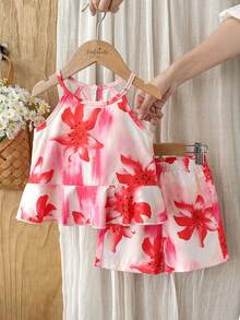 SHEIN Vintaside Kids 2件組女嬰幼兒/新生兒0-3歲春夏季多巴胺鮮豔花卉印花度假細肩帶上衣+短褲套裝，嬰兒春夏季套裝 - 彩色 - 查看 5