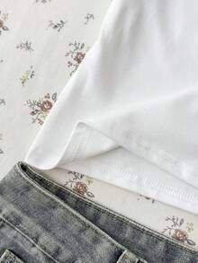 青少年女孩 白色素色休閒簡約半拉鍊 Polo 領修身短袖 T-shirt - 白色 - 查看 6