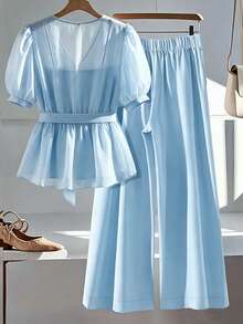 GlowEve CURVE Plus Size Elegant Women's Set: Short Flutter Sleeve Knit Patchwork Contrast Collar Top And High Waist A-Line Skirt 2 Pieces Set - Blue - View 2
