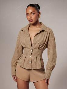 Hauture Women's Casual Commuter Striped Waist-Cinching Shirt - Khaki - View 6