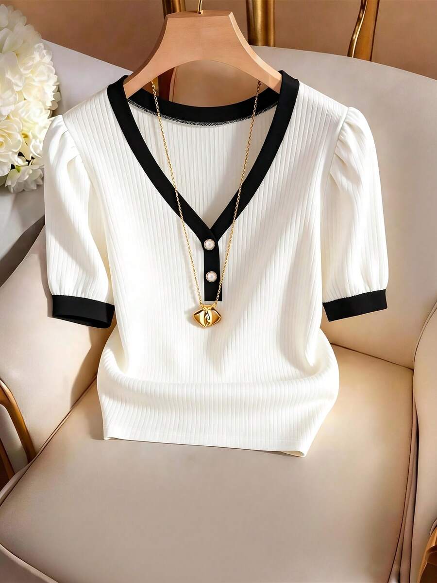 SHEIN Franclia Summer New Ribbed Knit T-Shirt For Women, Contrast V-Neck Pearl Button Puff Sleeve Fitted Slim Versatile Brunch Black And White Elegant - Black and White - View 1