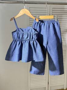 2pcs Young Girl Woven Solid Color 3D Floral Camisole And Long Pants Set - Blue - View 2