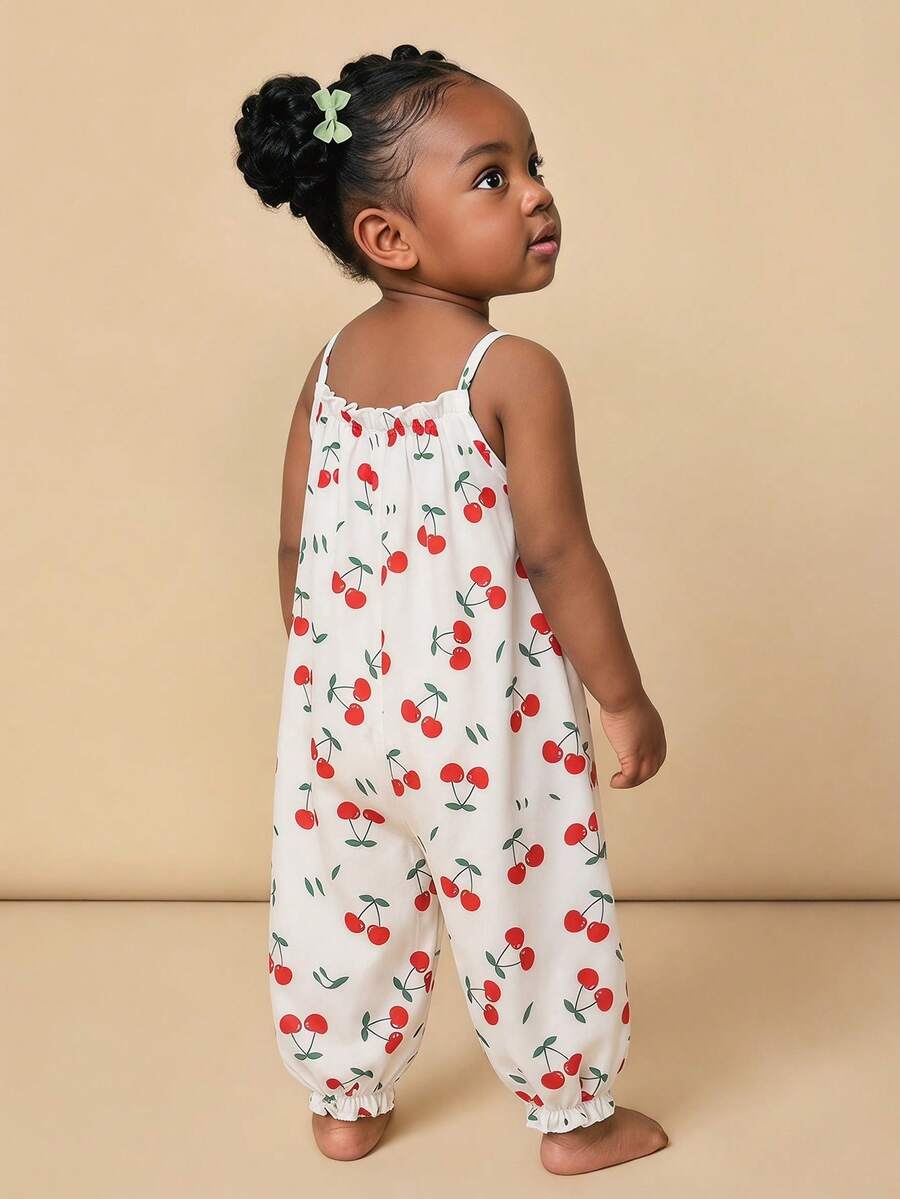 Cozy Pixies Baby Girl Casual Daily Cute Vacation Cherry Print Camisole Romper - Red - View 1