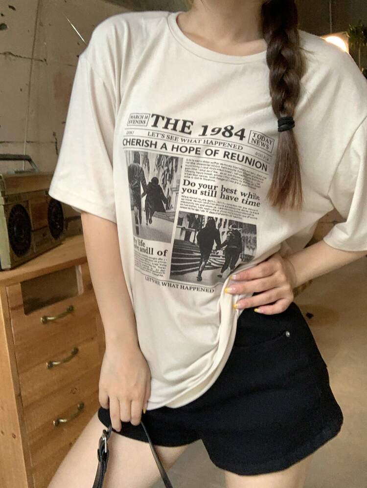 Teen Girls Casual Loose Fashionable Versatile Short Sleeve Printed T-Shirt, Popular Style Summer