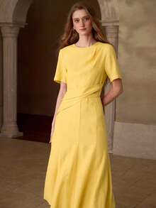 MOTF PREMIUM WOMEN'S 100% LINEN CASUAL & DATE ROUND NECK SHORT SLEEVE MIDI DRESS, SPRING/SUMMER - Yellow - View 5