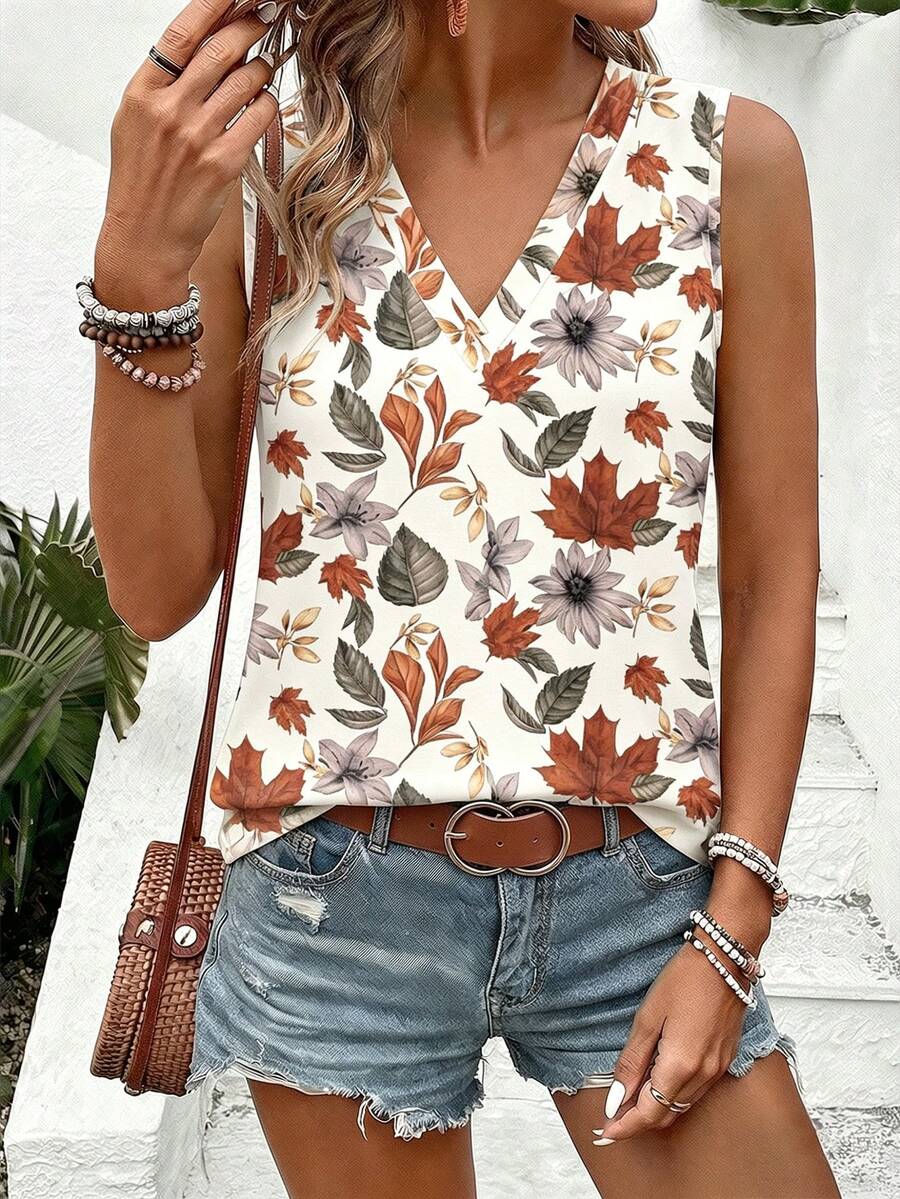 EMERY ROSE New Fashion V-Neck Printed Versatile Tank Top For Women - Multicolor - View 1