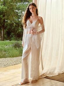 MOTF PREMIUM WOMEN'S LACE BRALETTE AND STRAIGHT LEG PAJAMA SET, SPRING/SUMMER - White - View 1