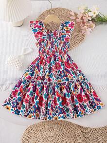 Vestido midi ajustado con estampado floral diminuto y colorido, adecuado para el Día de los Niños Mexicanos y la temporada de transición al verano para niñas jóvenes - Multicolor - Ver 2
