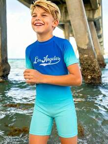 SHEIN Tween Boy Casual Sports Text Graphic Ombre Color Dopamine Romper Swimsuit, Suitable For Beach, Swimming, Surfing - Multicolor - View 4