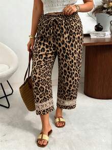 Ceyna Leoparden-Muster Loose Fit Hose mit Blumen-Spitze und Kordelzug, vielseitig für Frühling & Sommer, Große Größen - Verschiedenfarbig - Übersicht 5