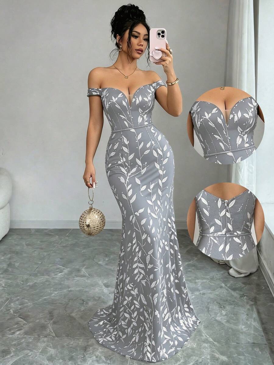 SHEIN Elenzya 女士优雅网纱亮片露肩修身美人鱼连衣裙 - 銀色 - 查看 1