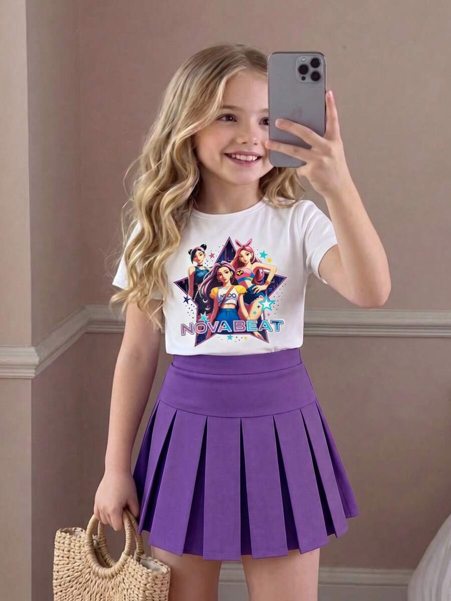 SHEIN Conjunto de Verão Estilo Escolar para Menina, Camiseta Branca de Manga Curta com Estampa Roxa e Saia Plissada Roxa, Casual Diário e Traje de Dança - Roxo - Visão 1