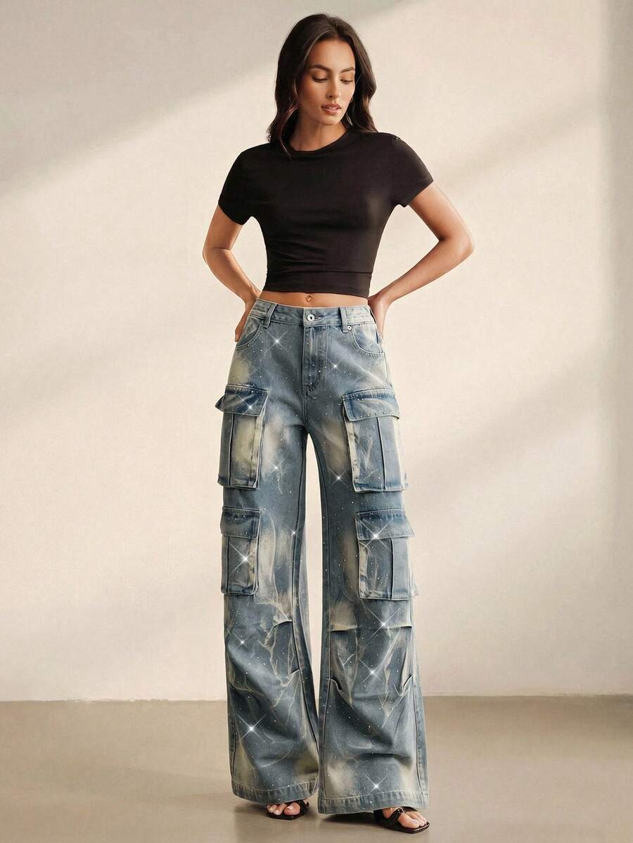 Savoree Washed Blue Heavy Embellished Multi-Pocket Jeans