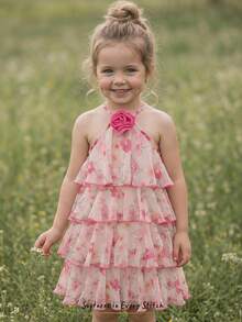 Cozy Pixies Baby Girl Summer Elegant Floral Print 3D Flower Decor Multi-Layer Halter Neck Dress - Pink - View 10