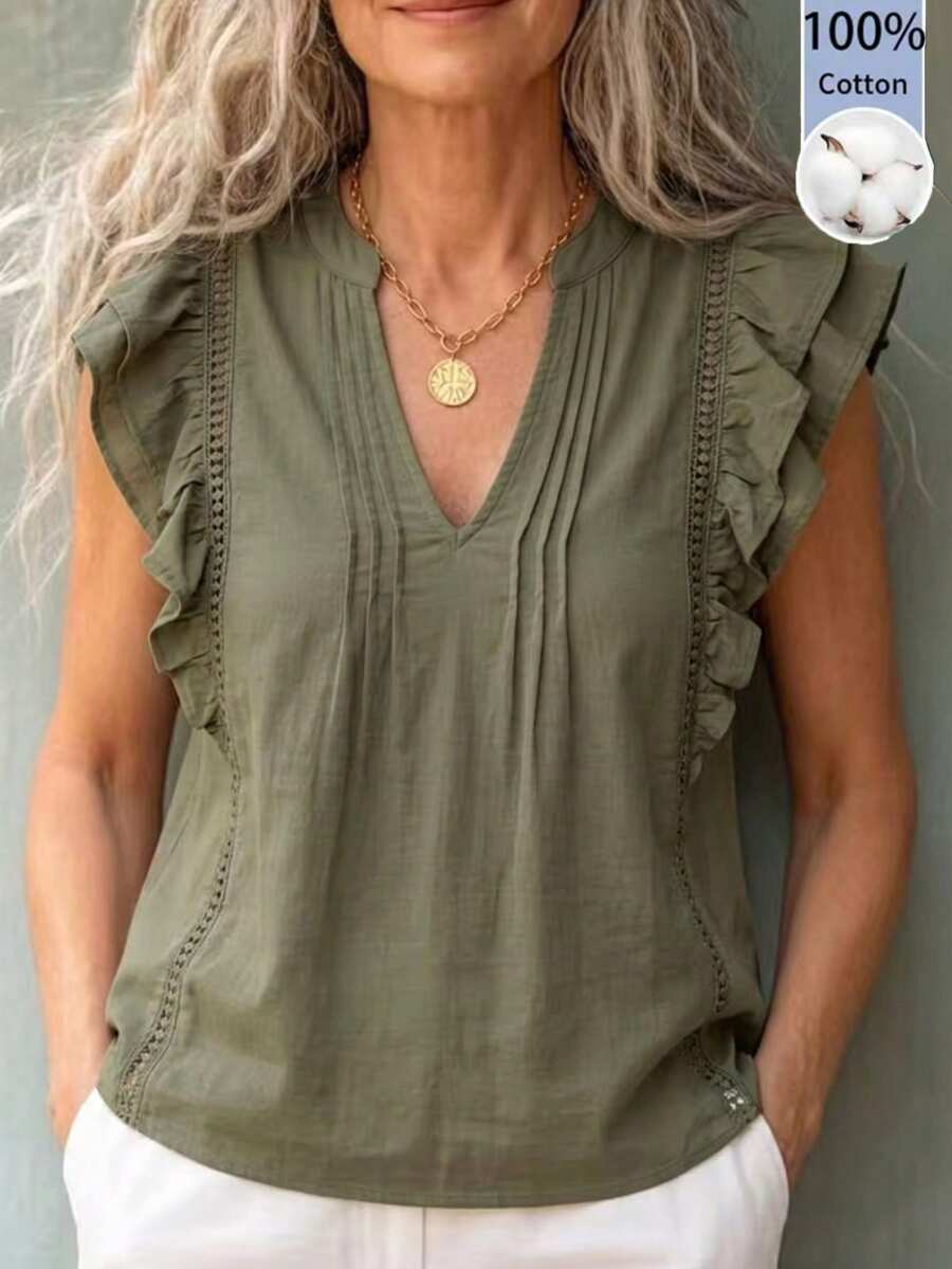 Balvessa Linen Military Green Top With Lace Patchwork, Flutter Sleeves And Ruffle Hem, Casual Elegant Commuter Blouse For Spring/Summer, Granny Style - Army Green - View 1