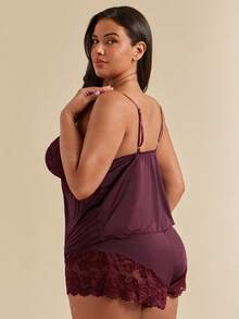 SHEIN BAE CURVE 蕾丝拼接高弹针织性感露背吊带背心和短裤睡衣套装，加大码 - 紫紅色 - 查看 2