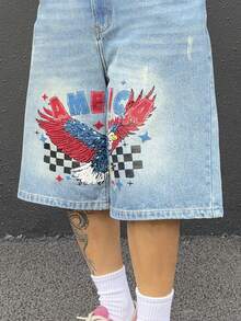 Manfinity Roughcore Men's Distressed American Print Denim Shorts, Casual Street Style, Holiday - Light Wash - View 3