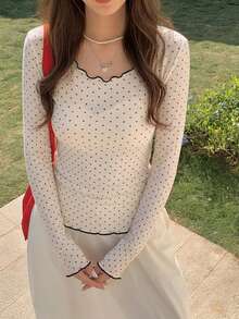 DAZY Women's Polka Dot Sheer Long Sleeve Crew Neck Undershirt, Spring/Summer - Apricot - View 4