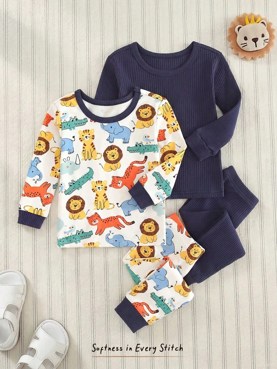Cozy Pixies 4件套男婴贴身睡衣套装，可爱夏季休闲针织卡通动物图案基础款多件装，柔软圆领长袖上衣和松紧腰长裤两件套 - 彩色 - 查看 1