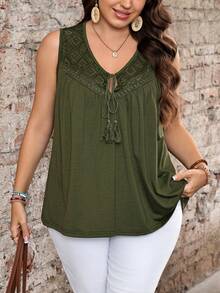 EMERY ROSE Plus Size Women Summer Casual Vacation Country Solid Color Pleated Casual Versatile Daily Wear Tank Top Green Vest,Country Concert Outfit,Festival Outfits For Women,Festa Junina - Army Green - View 3