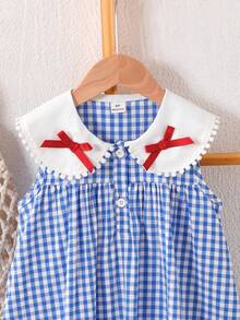 SHEIN Elladie kids 女童休閒藍色格紋洋裝，甜美3D蝴蝶結、荷葉邊飾、圓領開胸設計，優雅適合日常穿著、度假與通勤 - 藍色 - 查看 5