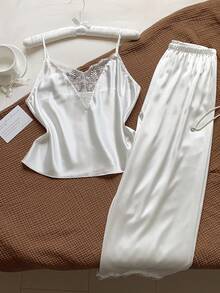 Comfortcana Contrast Lace Cami Top & Pants PJ Set / Pajama Set White Set White Sets - White - View 4