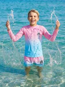 SHEIN Tween Boy Slim Fit Colorblock Striped Coconut Tree Print 2 Pieces Swimsuit, Suitable For Spring/Summer Beach Vacation - Multicolor - View 2