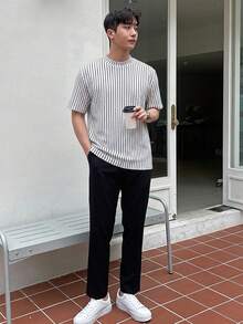 DAZY 男士夏季條紋紋理布料短袖T恤 - 彩色 - 查看 6