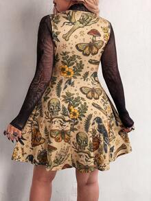 Flirla Plus Size Punk Print Sleeveless Dress, Spring/Summer - Apricot - View 2