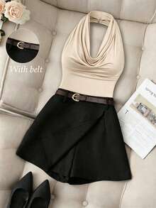 Franclia 2pcs Set: Casual Solid Color Pleated Halter Neck Top And Matching Black Skort With Belt - Khaki - View 4