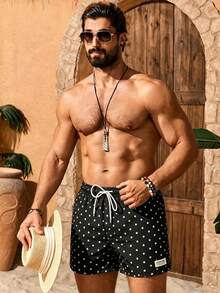 Manfinity Swimmode 夏季男士波點印花黑色沙灘短褲，熱帶度假風抽繩腰泳褲，斜口袋情侶約會款 - 黑色 - 查看 7