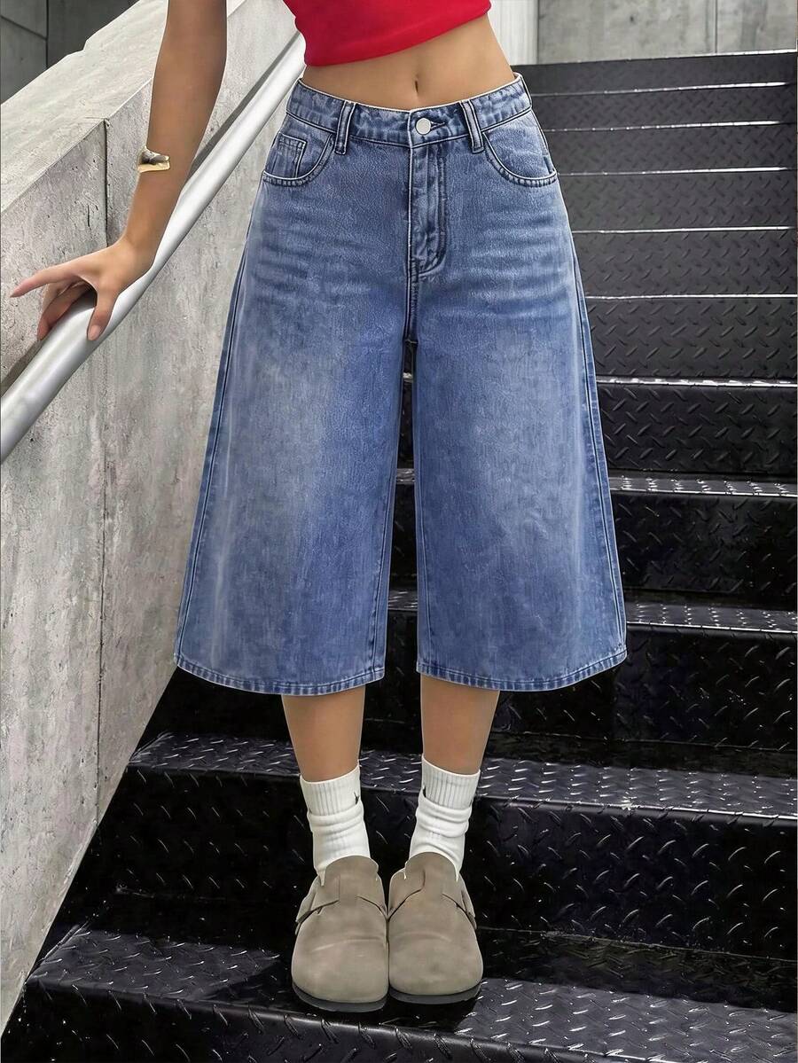 青少年女孩時尚百搭口袋鈕扣牛仔寬鬆寬腿七分褲 - 深色水洗藍 - 查看 1