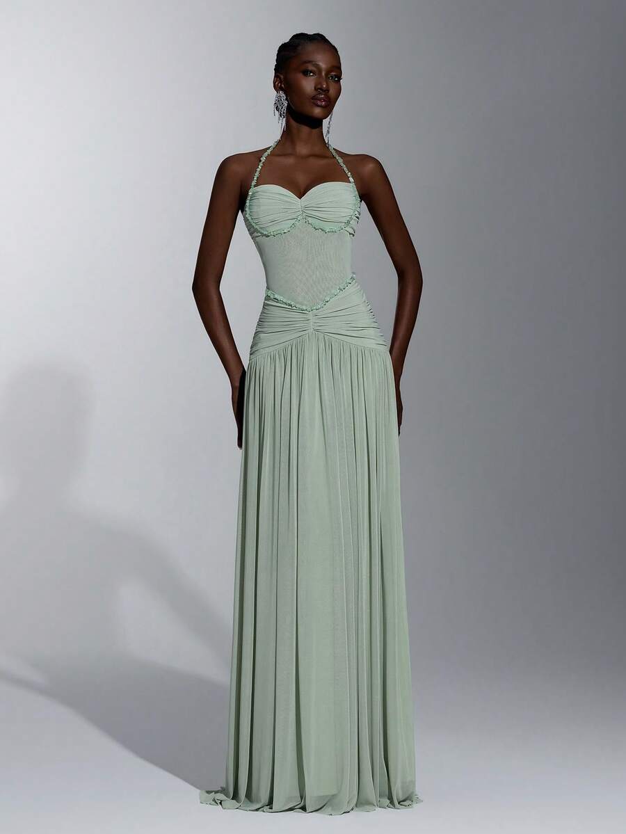 Elitara Elegant Green Elastic Mesh Fabric Beaded Chain Decor Bodice Voluminous Skirt Formal Party Dress Wedding Guest Dress Bachelorette Dress Gala Dress - Green - View 1