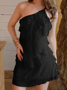 Katetique Summer Beach Vacation Solid Color Apricot Layered Lotus Leaf Cake Mini Dress Elegant Party Black - Black - View 3