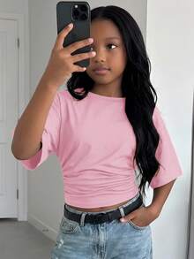 SHEIN 青少年女孩新時尚優雅素色休閒百搭腰部抓皺T恤，適合日常、學校、海灘、度假和居家穿著，粉紅色夏季款 - 粉色 - 查看 2