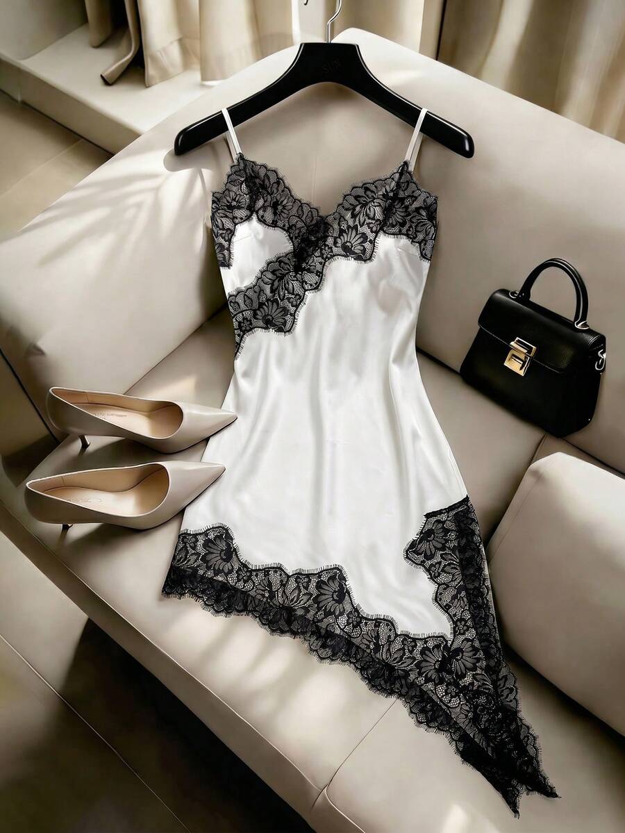 SHEIN Franclia Elegant Sexy Lace Patchwork Asymmetric Summer Dress, Vacation Loungewear, White And Black, Wedding Date Night Guest Dress