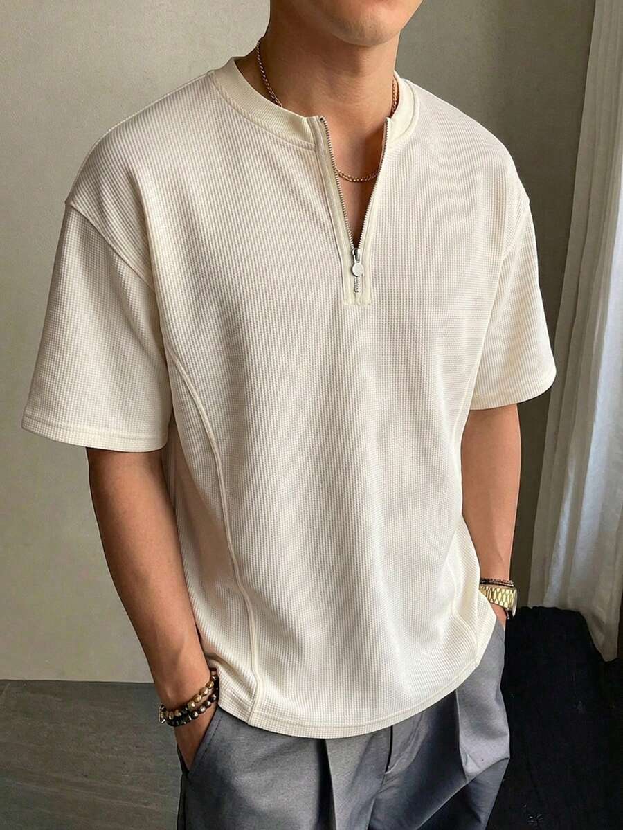 DAZY 男士纯色1/3拉链领T恤，灰色纹理面料拼接，夏季款 - 米色 - 查看 1