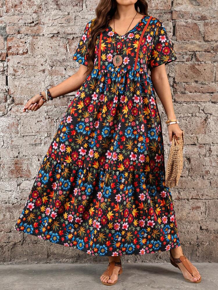Plus Size Women Summer Casual Vacation Country Floral Print Ruched Casual Party Long Dress,Country Concert Outfit,Festival Outfits For Women,Festa Junina,Flowy Dress,Boho Dress