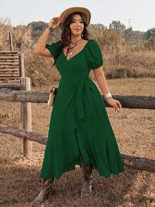 Ceyna Plus Size Women's Solid Color Pleated Fashion Date Vacation Party Dress Dark Green Summer Elegant - Dark Green - View 6