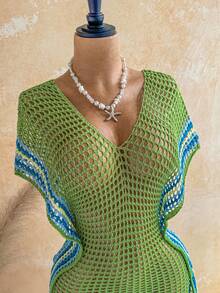 Soleia Colorblock Hollow V-Neck Fringe Loose Pullover Sweater For Women, Spring/Summer - Green - View 4