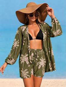 Swim Lushoire Bộ đồ đi biển dành cho nữ, áo khoác dài tay in hình cây dừa bằng vải lưới, quần short dây rút in họa tiết, bộ đồ khoác ngoài. - màu xanh lá - Xem 3