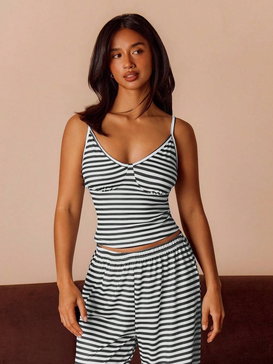 Athîral Women's Casual Striped Print V-Neck Camisole & Pants Pajama Set Women's Two Pieces Set Casual Two Pieces Set Sexy Lounge Sets For Women Two Pieces Set Lounge Set - Multicolor - View 1