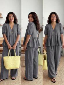 Enliva Conjunto de dos piezas para mujer talla grande con mangas abullonadas con volantes, top con cuello en V y pantalones con cintura elástica, para Body tipo manzana y redondeado - Gris - Ver 3