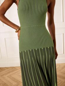 Lilora Women's Elegant French Knitted Dress Commuting Dinner High Tea Brunch Fall Dark Green Striped - Multicolor - View 7